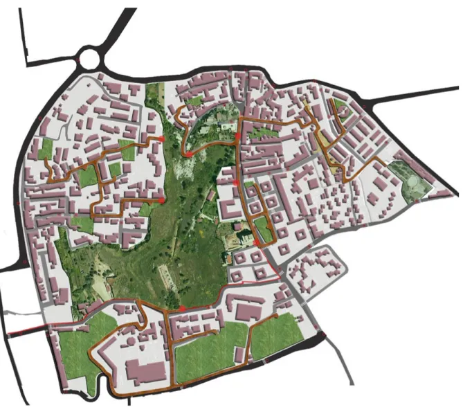 Figura  1.  Il  nuovo  Parco  dell’ex  Polveriera  nel  sistema  dei  quartieri  urbani  (Laboratorio  di  Progettazione  Urbanistica,  elaborazione di M