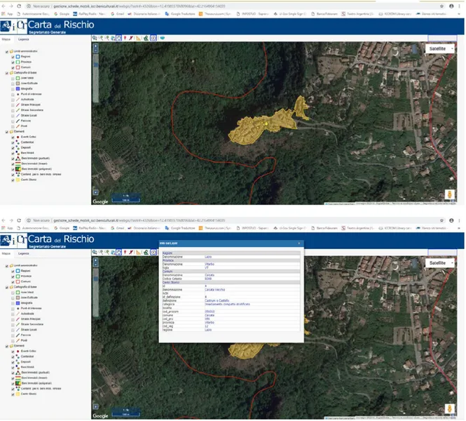 Figure 10-11. Carta del Rischio: (in alto) individuazione del centro di Calcata, Viterbo, tramite perimetrazione georeferenziata; 