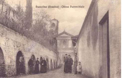 Figura 7. Veduta del centro  storico di Bussolino, in una  cartolina viaggiata il 24  marzo 1912 (Collezione  Famiglia Raineri).
