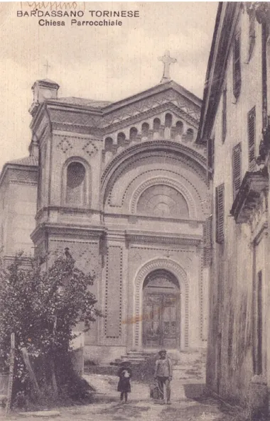 Figura  8.  Veduta  della  chiesa  parrocchiale  di  Bardassano,  in  una  cartolina viaggiata il 22 settembre 1928 (Collezione Famiglia Raineri).