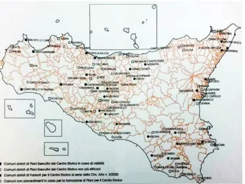 Figura 2. Stato della  pianificazione comunale  relativa ai centri storici  della Regione Siciliana (da  Trombino 2016, p