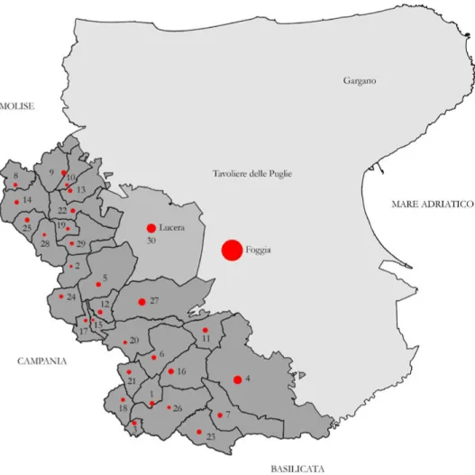 Figura  1.  Individuazione  dell’area  del  Subappennino  Dauno  (grigio  scuro)  all’interno  della  provincia  di Foggia (grigio chiaro)