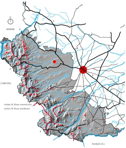 Figura 3. Individuazione delle antiche percorrenze nel territorio Dauno: in rosso i percorsi di  crinale principali e le perpendicolari diramazioni secondarie; in nero il sistema est-ovest dei  tratturi e tratturelli (elaborazione di G