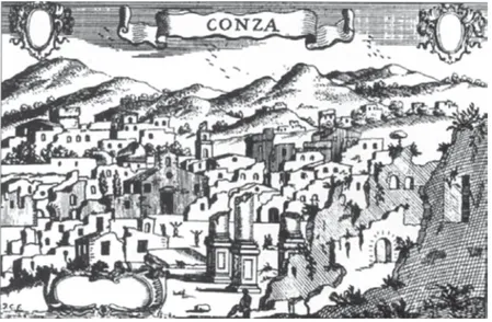 Figura 1. L’abitato di Conza visto  dall’abate Pacichelli dopo il sisma del  1694 (da Carluccio 2008, p