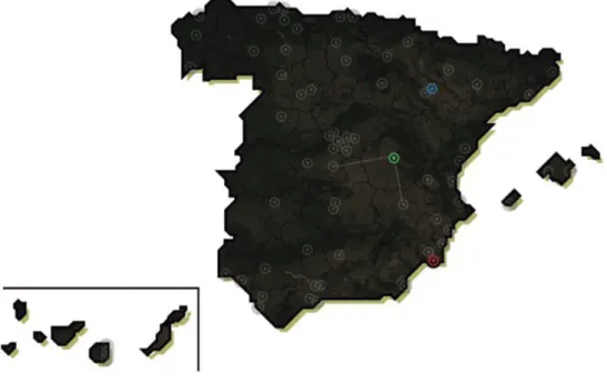 Figure 5. Three case-studios: In red, the Parque de Relajación in Torrevieja (Alicante), in blue the Torre del Agua (Zaragoza),  in Green the Bosque de Acero(Cuenca) (picture by R