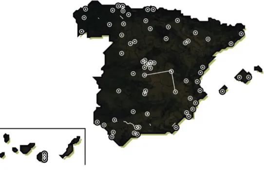 Figure 2. Map of Spain with the location of the “contemporary ruins”; each grey dot represents a site where those elements  are situated, the lines some abandoned projects of infrastructures (picture by R