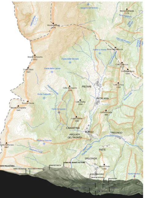 Figura 1. Carta dei caratteri  naturali e sezione territoriale  (stralcio) del territorio  comunale di Arquata de Tronto  (Ascoli Piceno) (elaborati  grafici di F