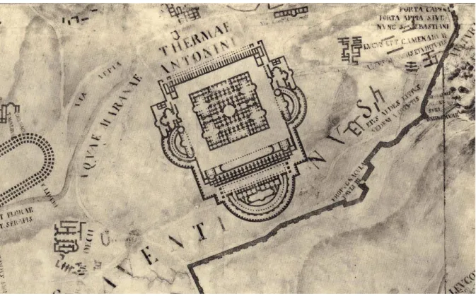 Figura 7. Leonardo Bufalini, veduta di Roma, area delle terme Antoniane, 1551, dettaglio, incisione (da Ehrle 1911).