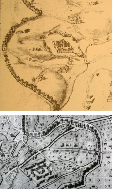 Figura 9. Mario Cartaro, veduta di Roma, area  delle terme Antoniane, 1576, dettaglio, incisione  (da Frutaz 1962, pianta CXXVI, 3, tav