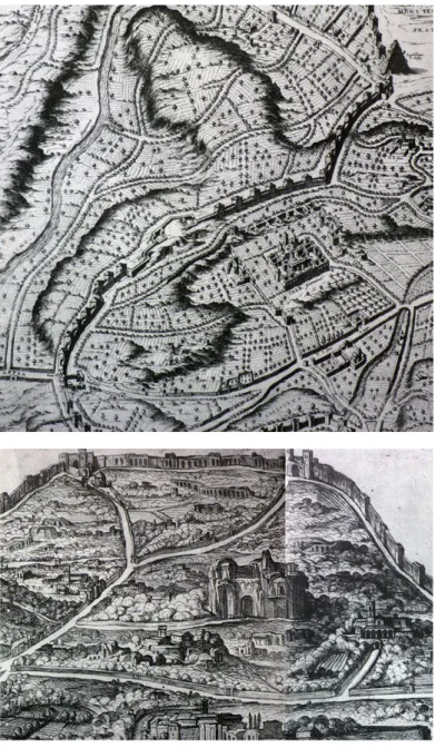 Figura 10. Étienne du Pérac, veduta di Roma,  area delle terme Antoniane, 1577, dettaglio,  incisione (da Ehrle 1908).