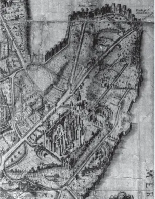 Figura 12. Matthäus Greuter, veduta di Roma, area delle terme  Antoniane, dettaglio, incisione 1618 (da Frutaz 1962, pianta  CXLV, 3, tav