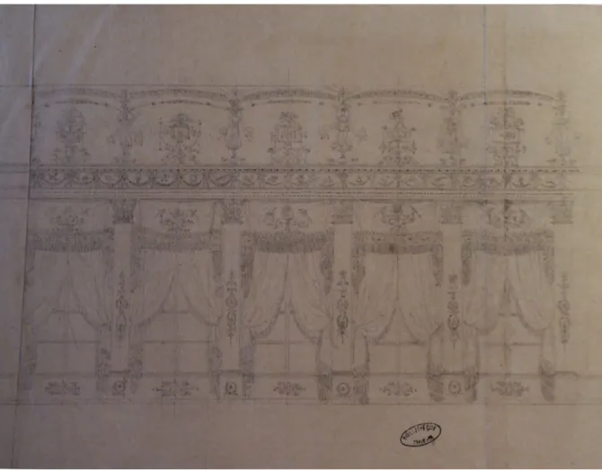 Figure 15. Louis-Claude Léger (attribué à), projet décoratif, salle du banquet de l’Élysée(?), dessin, crayon noir sur papier  vergé ivoire, 19,5 x 25,6 cm [Annoté au verso «Léger / Décorateur de l’Élysée»]