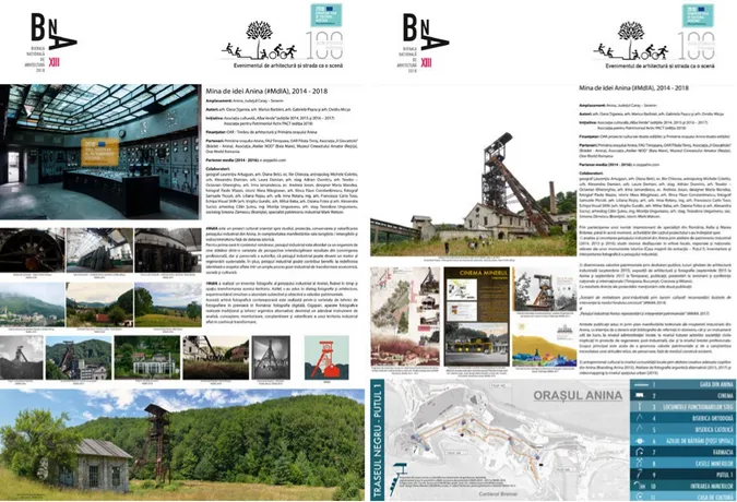 Figure 2.  Posters detailing the project Anina, Mine of Ideas presented at the National Biennale of Architecture in Romania, 2018  edition: (left) photographic recording method of the industrial landscape, (right) cultural initiatives within the local comm