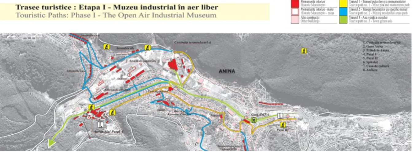 Figure 13. The proposal of a cultural route that would unify the different industrial monuments of Anina positioned between the  railway station and shaft n