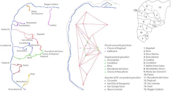 Figura 1. L’area di studio: la Bovesia. a sinistra: schema dei percorsi. al centro: la rete dei borghi interni
