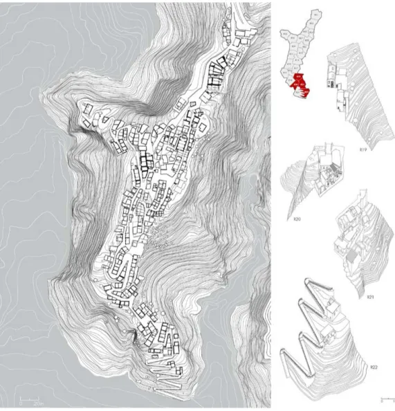 Figura 3. Roghudi. A sinistra: planimetria alla quota del suolo (ricomposizione dell’abitato di M.L