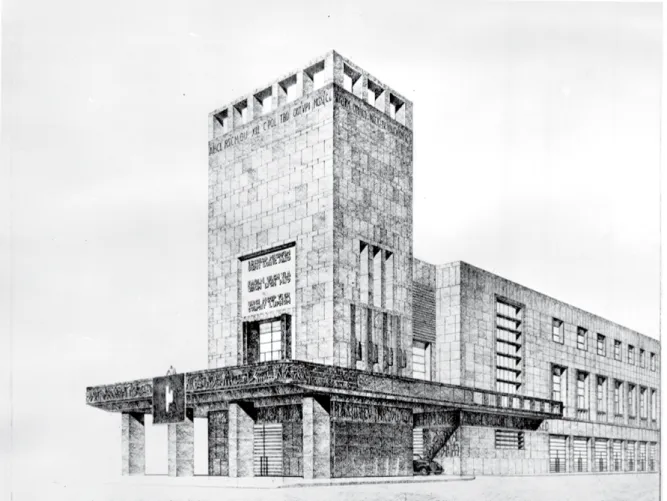 Figura 6. Giuseppe Samonà, Palazzo del Littorio, isolato 7 della Cortina del Porto, prospettiva da via Garibaldi, 1936 (da  Cardullo 2006, p