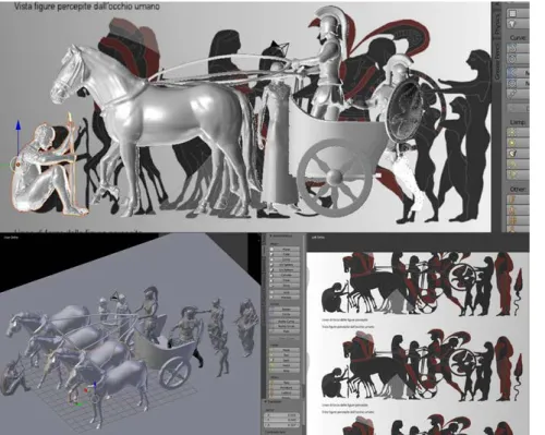 Figura 5. Modellazione 3D  della scena La partenza di  Amphiarao (Hydria), Blender. 
