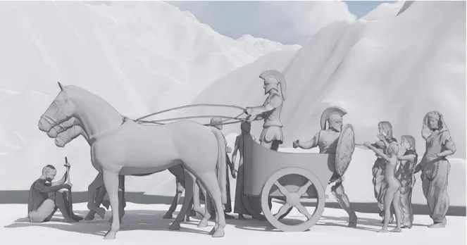 Figura 6. Scena 3D: Visual Story-telling de “La partenza di Amphiarao (Hydria)”, Blender &amp; Lumion