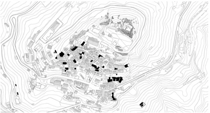Figura 2. Bova (RC). Planimetria generale con evidenziati i ruderi (elaborazione grafica a cura del Laboratorio di ricerca  Landscape_inProgress).