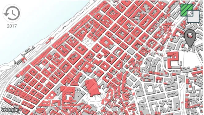 Figura 7. Screenshot dell’applicazione. Sovrapposizione della planimetria pre-sisma (in rosso) all’impianto urbano attuale  (elaborazione a cura di F