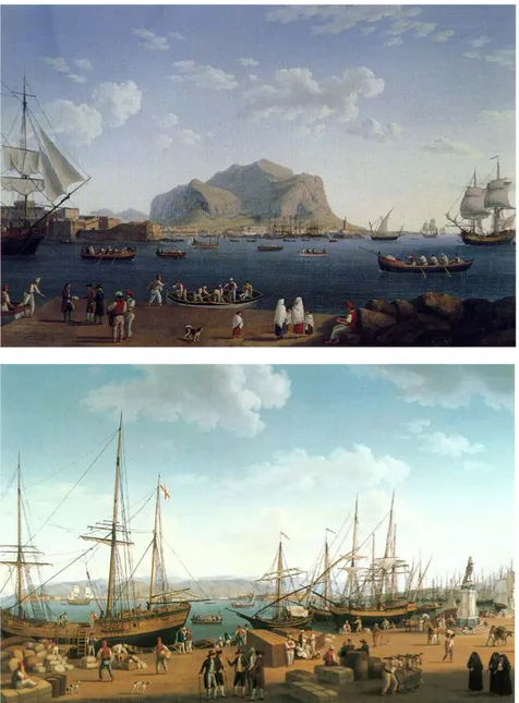 Figure 6-7. Jacob Philipp  Hackert, Il porto di Palermo,  (in alto) e Il porto di Messina  (in basso), 1789