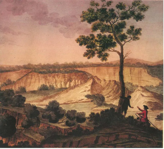 Figura 11. Pietro Fabris, Laghi e rivoluzioni nel fiume Cumi e nei Campi di Bozzano a Oppido, 1784 (da Placanica 1985, tav