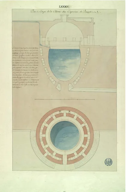 Figura 24. Pierre-Adrien Pâris, Plan et  coupe de la citerne des capucins de  Pouzzole, ©BMB, Fonds Pâris, vol