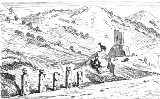 Figura 5. Horace de Rilliet, Teste mozzate di briganti esposti sopra pilastri a Campo Tenese  (Morano Calabro), 2 ottobre 1852 (da Rilliet 1852, p