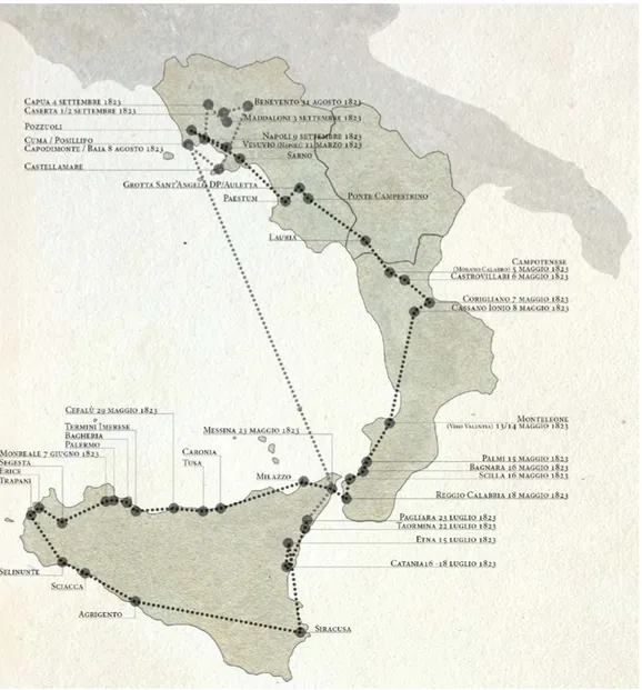 Figura 1. Mappa dell’ipotetico itinerario di viaggio dei fratelli Cheney (elaborazione a cura di M.R