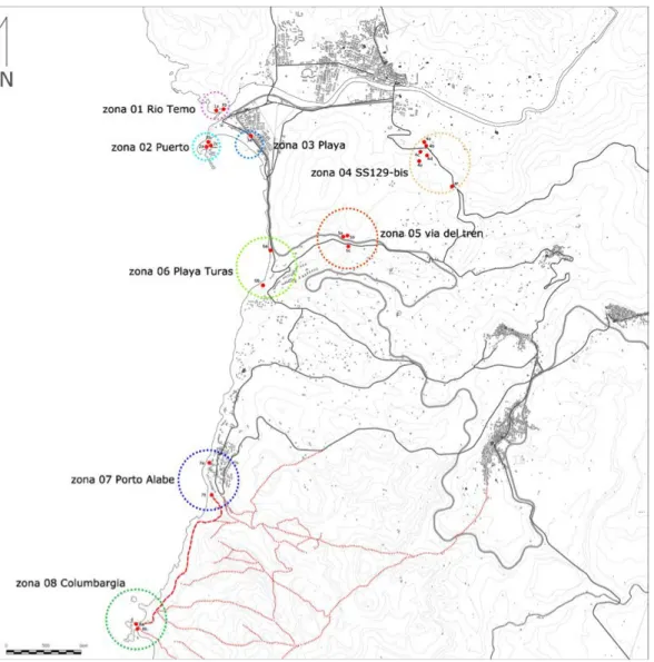 Figura 6. Plano topográfico actual de Bosa (Or) donde se reflejan los ocho enclaves militares de búnkeres  (01: Río Temo, 02: Puerto Torre Bosa, 03: Playa Bosa, 04: Ctra