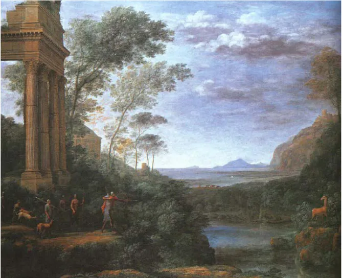 Figura 1. Claude Lorrain, Paesaggio con Ascanio che tira la freccia al cervo di Silvia, 1682, olio su tela, Oxford, Ashmolean  Museum.