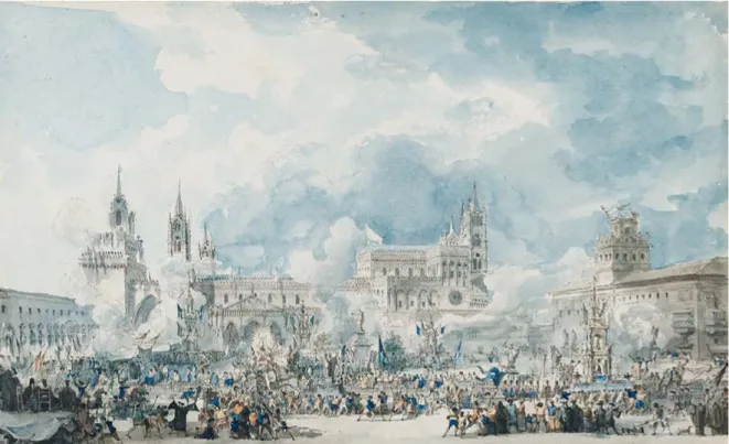 Figura 11. Louis-Jean Desprez, veduta della piazza del duomo di Palermo con la processione di Santa Rosalia, disegno,  penna e inchiostro nero, acquerello