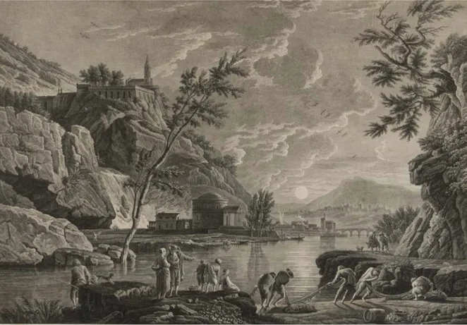 Figura 5. Claude-Joseph Vernet, Vue des environs de Régio en Calabre, 1750-1774, acquaforte di Nicolas Dufour (Roma,  Collezione privata, E