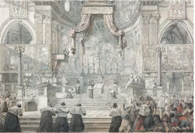 Figura 4. Louis-Jean Desprez, veduta del Duomo di Napoli durante la cerimonia dell’esposizione del sangue di San  Gennaro, variante compositiva, penna e inchiostro nero e grigio, acquerello