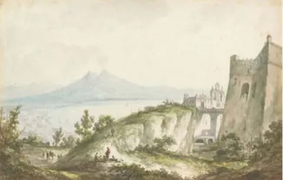 Figura 5. Claude-Louis Châtelet, veduta  del golfo di Napoli da Castel Sant’Elmo,  disegno esecutivo, penna e inchiostro  bruno, acquerello