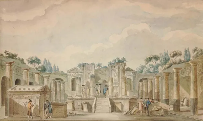 Figura 1. Louis-Jean Desprez, veduta del tempio di Iside a Pompei, replica del disegno esecutivo, penna e inchiostro grigio,  acquerello