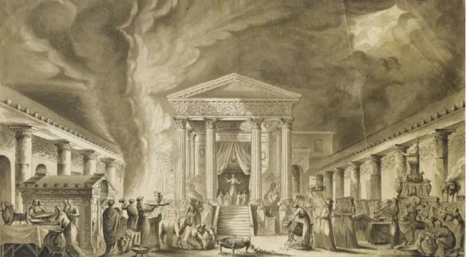 Figura 2. Louis-Jean Desprez, ricostruzione ideale del tempio di Iside a Pompei, disegno esecutivo, penna e inchiostro,  acquerello