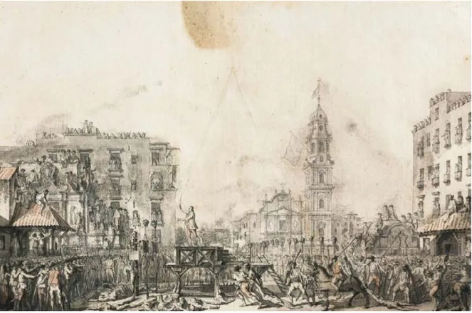 Figura 9. Louis-Jean Desprez, la rivolta di Masaniello in piazza Mercato a Napoli, disegno preparatorio per l’incisione,  penna e inchiostro nero, acquerello