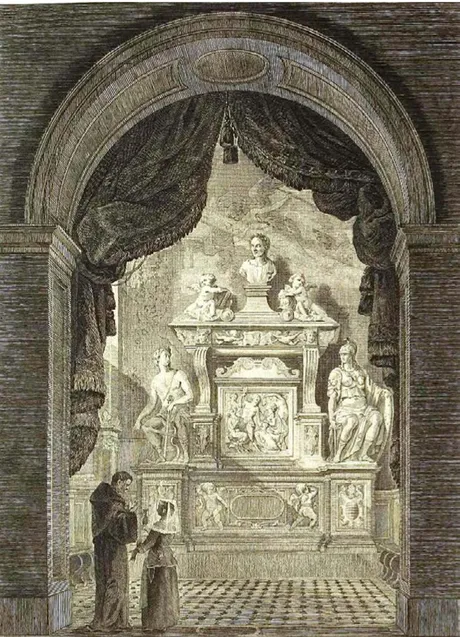 Figura 10. Claude-Louis Châtelet,  Tombeau de Sannazaro dans  l’eglise de s.ta Maria del parto  près de l’entrée de la Grotte de  pausillipe à Naples, incisione di  Charles-François Le Tellier  (Saint-Non 1781-1786, I, 1781, n