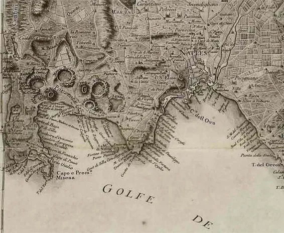 Figura 1. Carte des environs de la Ville et du golfe de Naples (dall’originale di Karl Weber), particolare  con l’area di Posillipo, 1778, incisione di Jean-François Perrier, Claude Niquet (Saint-Non 1781-1786, I,  1781, n