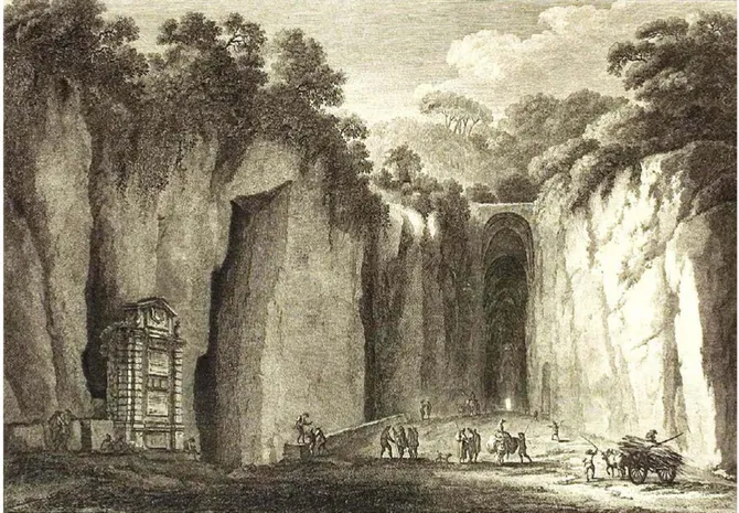 Figura 4. Claude-Louis Châtelet, Vue de l’Entrée de la Grotte de Pausilippe pris en y arrivans du côté de Naples (la Grotta di  Posillipo, ingresso da Mergellina), 1777, incisione di J.B.S.F