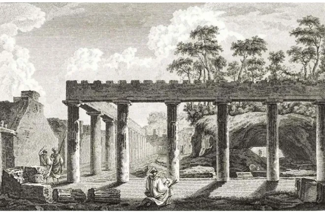 Figura 4. Louis-Jean Desprez, Vue Perspective de la Colonnade du Quartier des Soldats  à Pompeii prise dans l’interieur des  fouilles sur la partie latérale à droite (Quadriportico della Caserma dei Gladiatori), incisione di Philippe Crière (Saint-Non  178