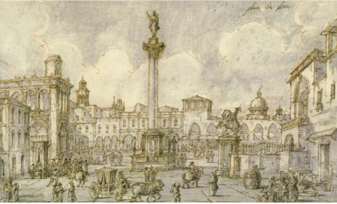 Figura 5. Louis-Jean Desprez (attrib.), veduta della piazza dei Mercanti a Lecce, disegno, penna e inchiostro nero,  acquerello, Collezione Congedo.