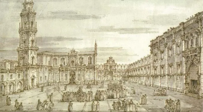 Figura 6. Louis-Jean Desprez (attrib.), veduta della piazza del Duomo a Lecce, disegno, penna e inchiostro, acquerello,  Collezione Congedo.