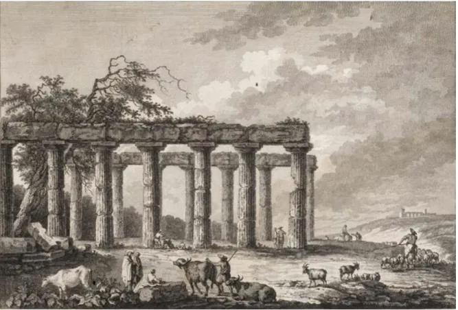 Figura 31. Claude-Louis Châtelet, Vuë latérale du temple de Metaponte dans la grande grece, incisione di Emmanuel- Emmanuel-Jean-Nepomucène (Saint-Non 1781-1786, III, 1783, n