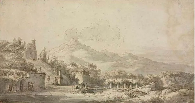 Figura 4. L’Etna visto dalla casa dei Cappuccini a Trecastagni, variante compositiva del disegno esecutivo, penna e inchiostro  bruno, acquerello