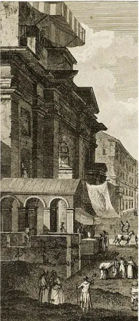 Figura 7. Louis-Jean Desprez, Vuë perspective du Port de Messine,  particolare della figura 1 con la Porta della Dogana vecchia.