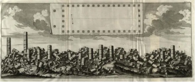 Figura 6. Francesco Nicoletti, saggio ricostruttivo della pianta e veduta del tempio G di Selinunte secondo Jacques Philippe  D’Orville, incisione (D’Orville 1764, cap