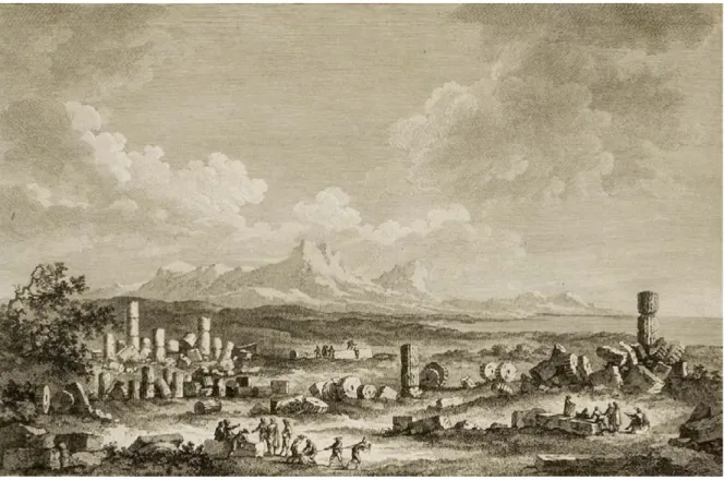 Figura 10. Claude-Louis Châtelet, Petite Vuë prise au milieu des Ruines de Selinunte, avec une partie des Côtes  méridionales de la Sicile, incisione di Carl o Heinrich Guttenberg (Saint-Non 1781-1786, IV.I, 1785, n